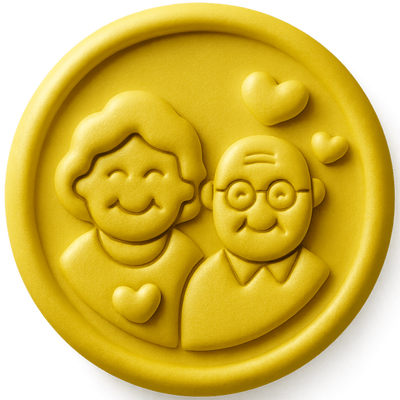 Yellow circular object with embossed images of an elderly couple and hearts.